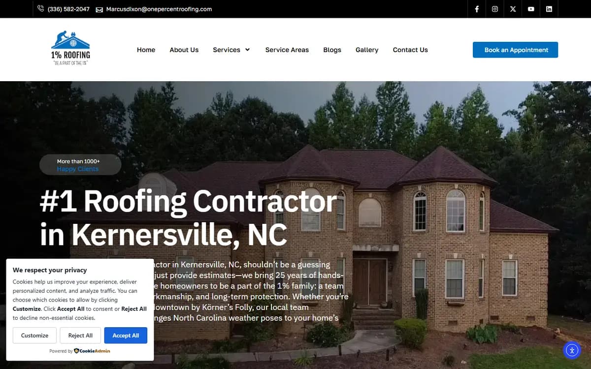 Homepage of 1% Roofing, a roofing contractor website in Kernersville, NC