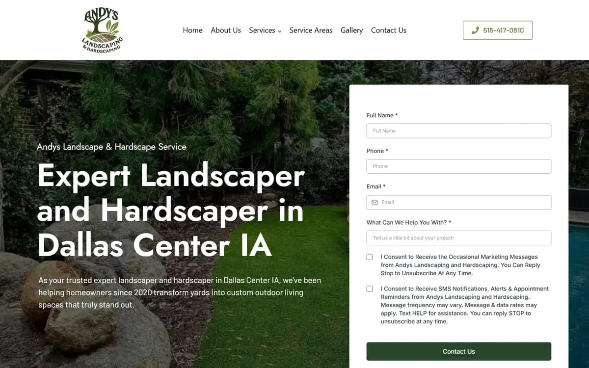 Homepage of Andy's Landscape & Hardscape, a landscaping & hardscaping website in Dallas Center, IA