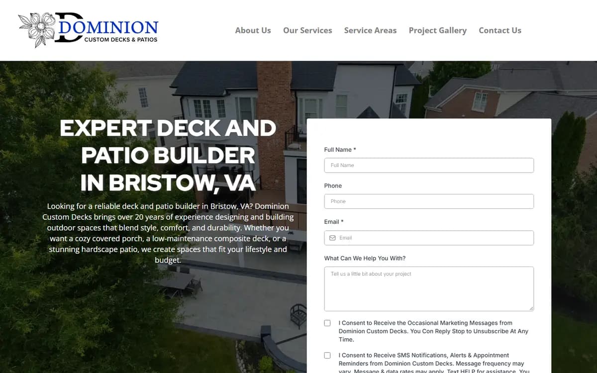 Homepage of Dominion Custom Decks, a deck & patio builder website in Bristow, VA