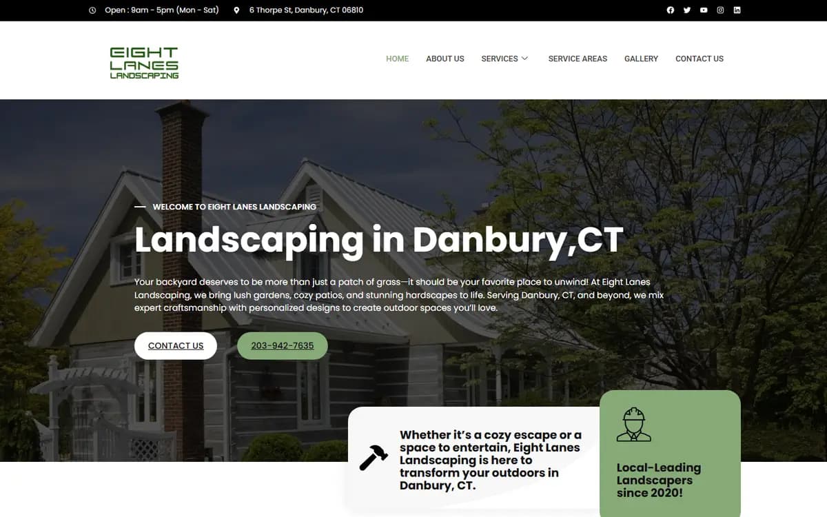 Homepage of Eight Lanes Landscaping, a landscaping website in Danbury, CT