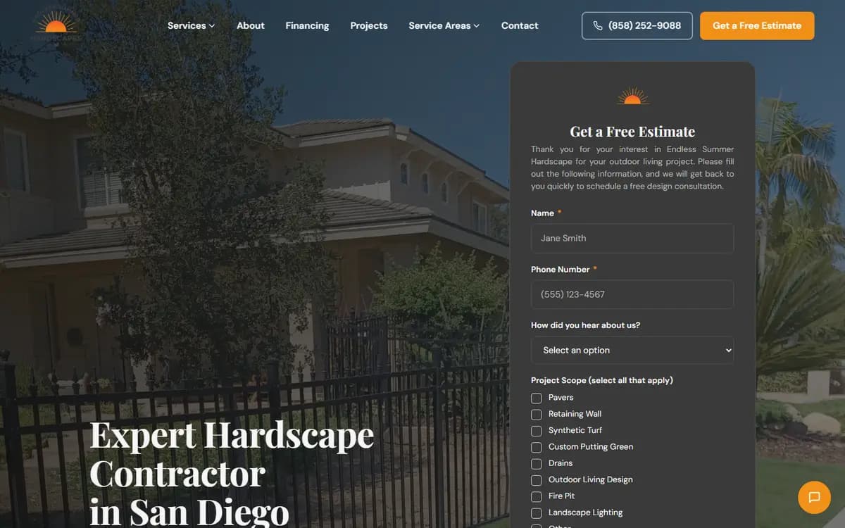 Homepage of Endless Summer Hardscapes, a pavers & hardscaping website in San Diego, CA