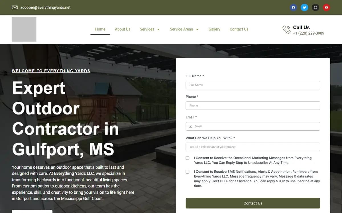 Homepage of Everything Yards, a outdoor contractor website in Gulfport, MS