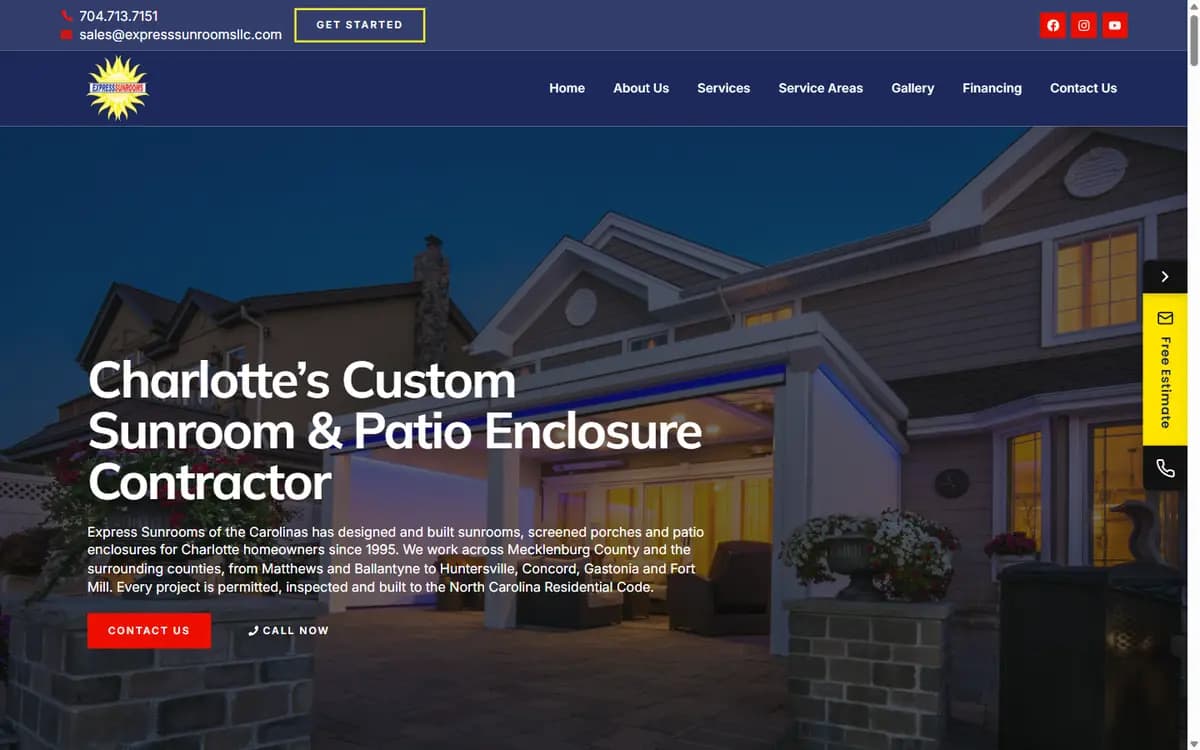 Homepage of Express Sunrooms of the Carolinas, a sunrooms & patio enclosures website in Charlotte, NC