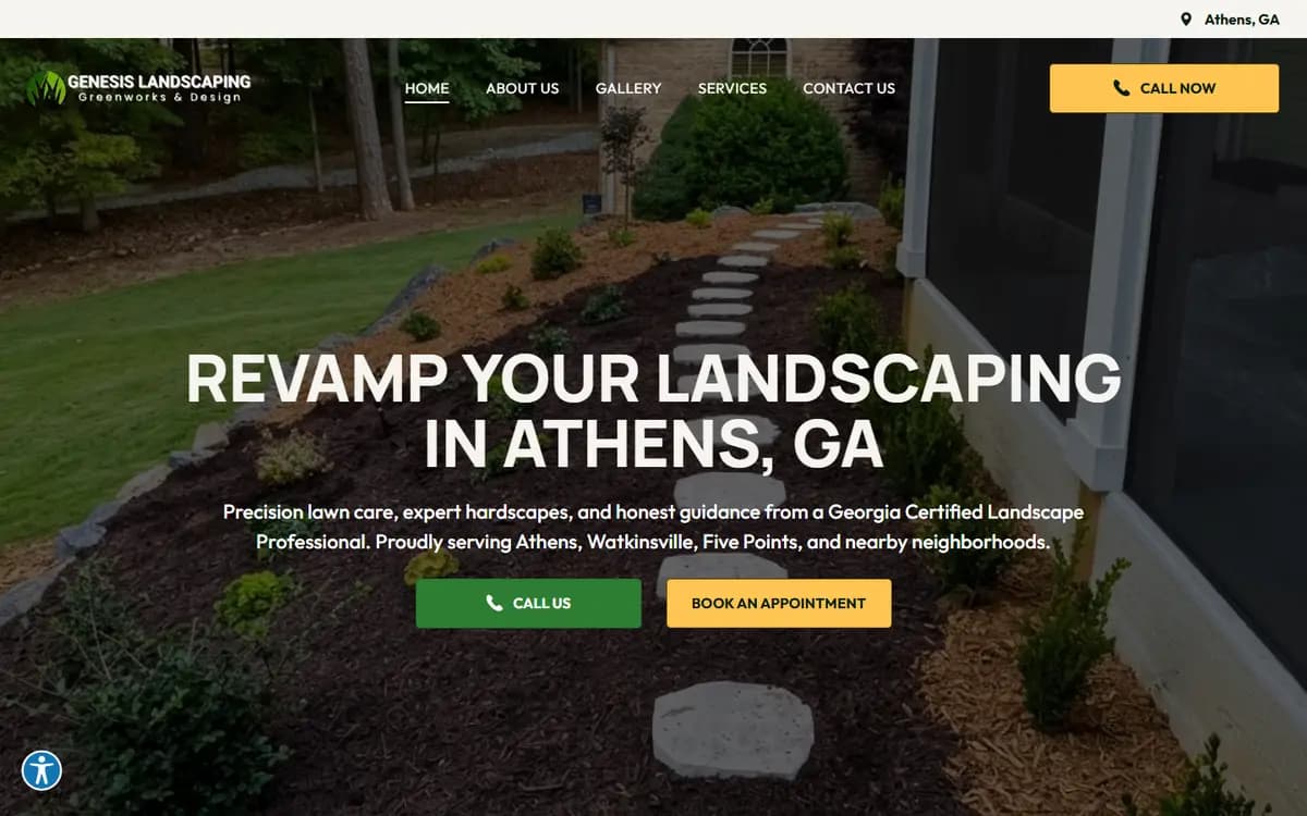 Homepage of Genesis Landscaping, a landscape design website in Athens, GA