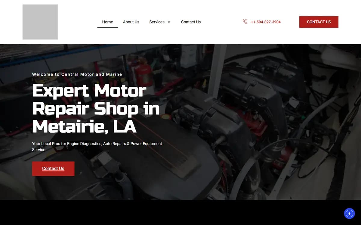 Homepage of Central Motor and Marine, a motor repair shop website in Metairie, LA