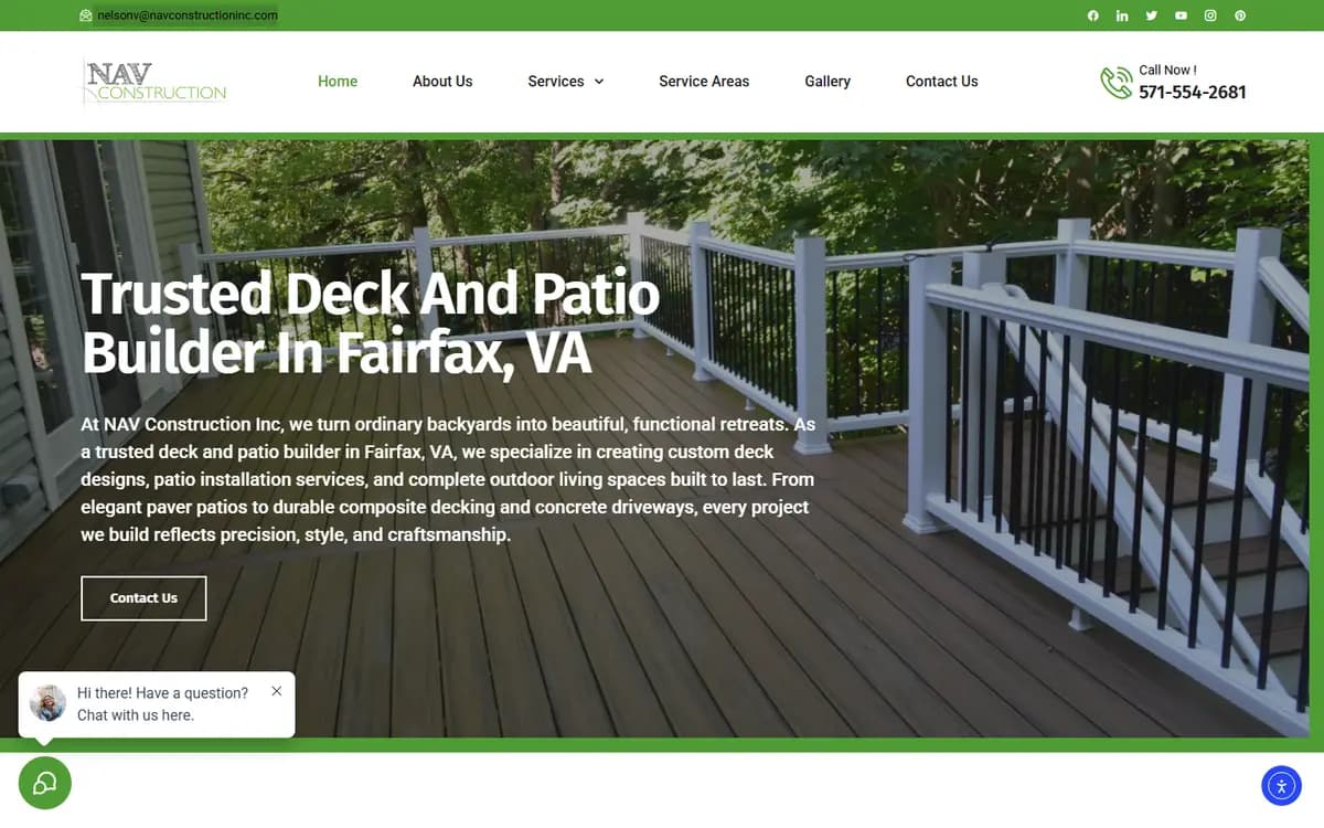 Homepage of NAV Construction, a deck & patio builder website in Fairfax, VA