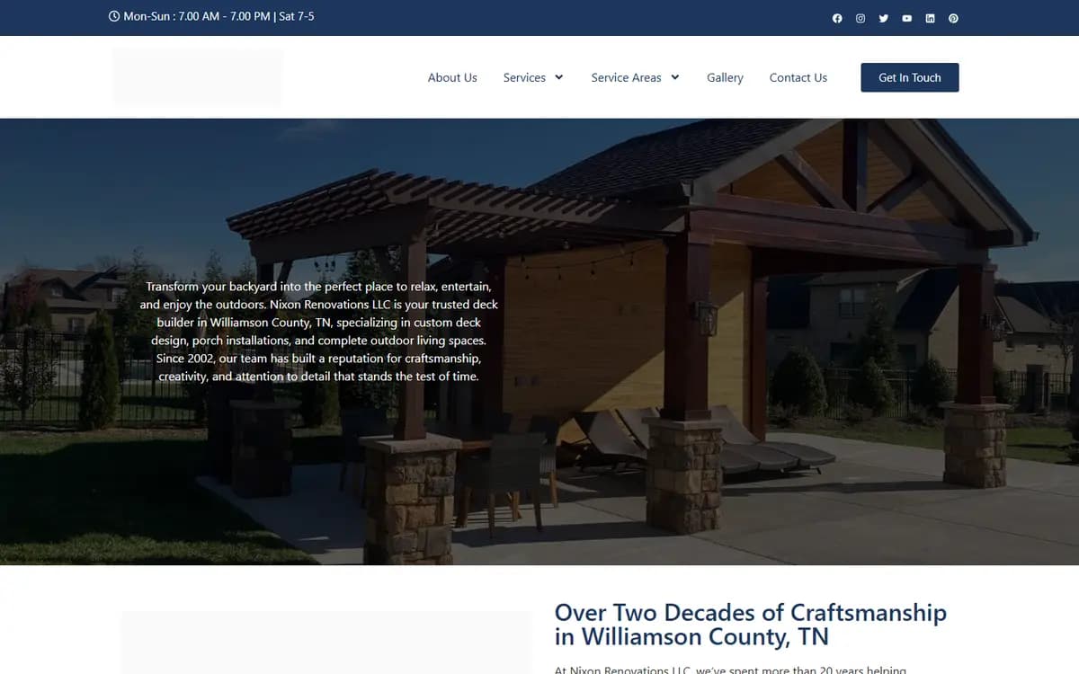 Homepage of Nixon Renovations, a deck builder website in Williamson County, TN