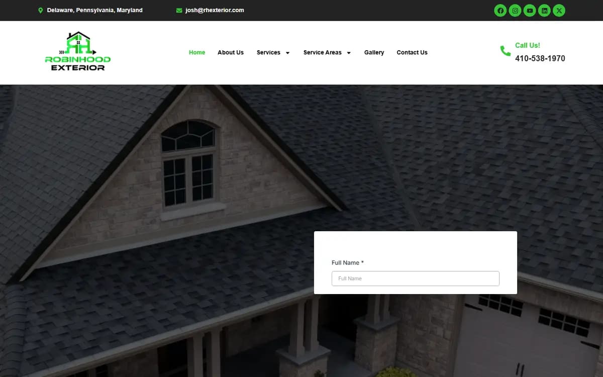 Homepage of Robinhood Exterior, a roofing contractor website in Elkton, MD