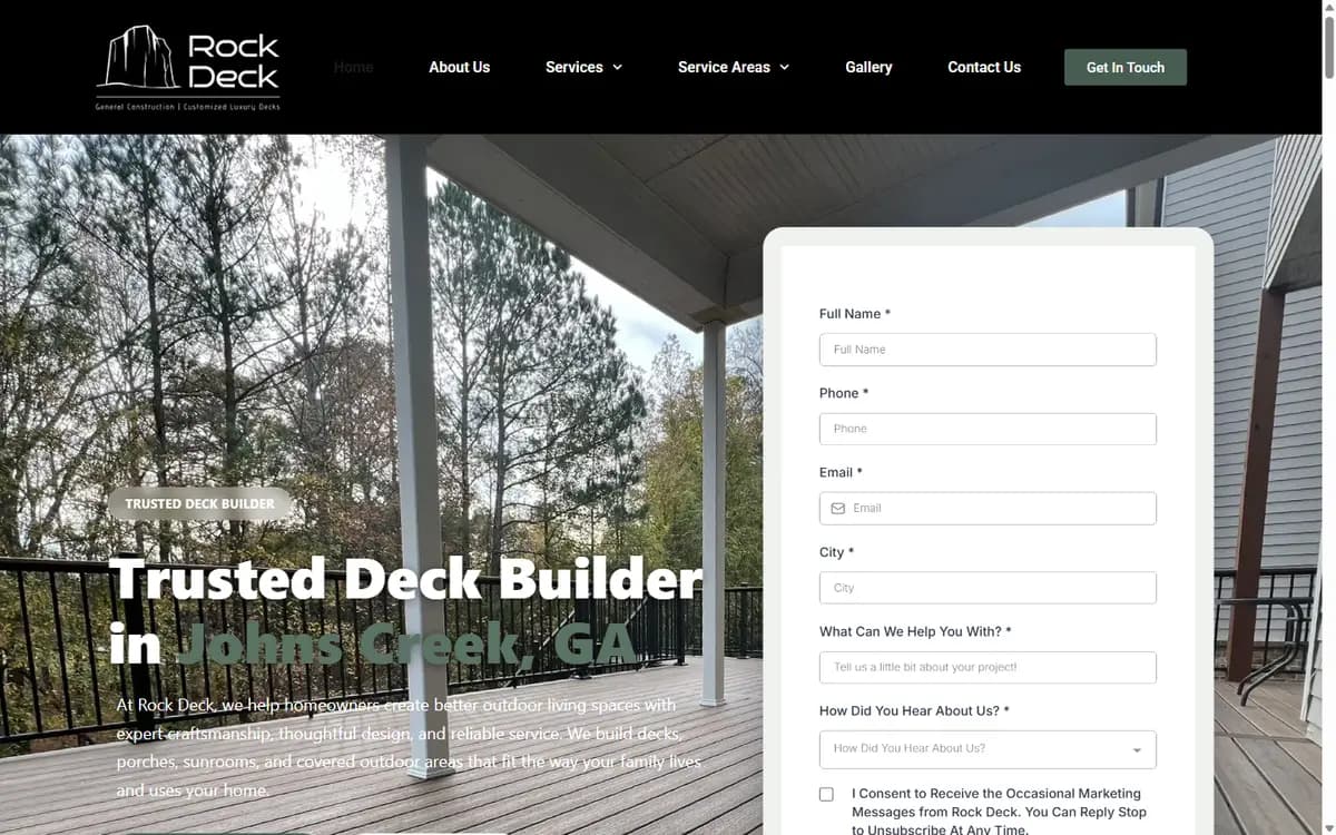 Homepage of Rock Deck, a deck builder website in Johns Creek, GA